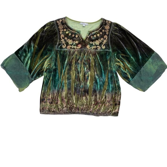 Velvet Embroidered Mesh Babydoll Top Green Artsy Whimsigoth Dark Fairy Grunge-1X - Picture 3 of 16